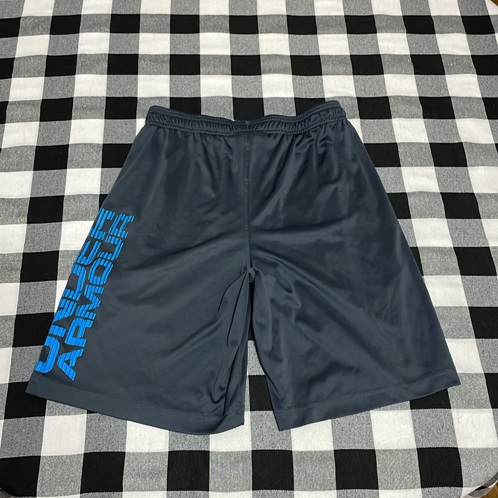 Under Armour Athletic Shorts Medium Gray Blue Spellout Pocket Stretch Basketball